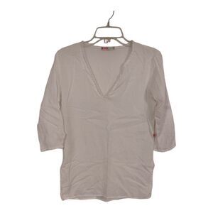 White Cotton Sheer Casual Beach Top 3/4 sleeve summer blouse V neck Size XS